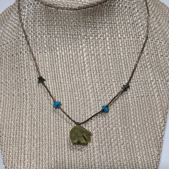 Vintage Jade Bear Fetish Liquid Silver Necklace - Picture 1 of 6